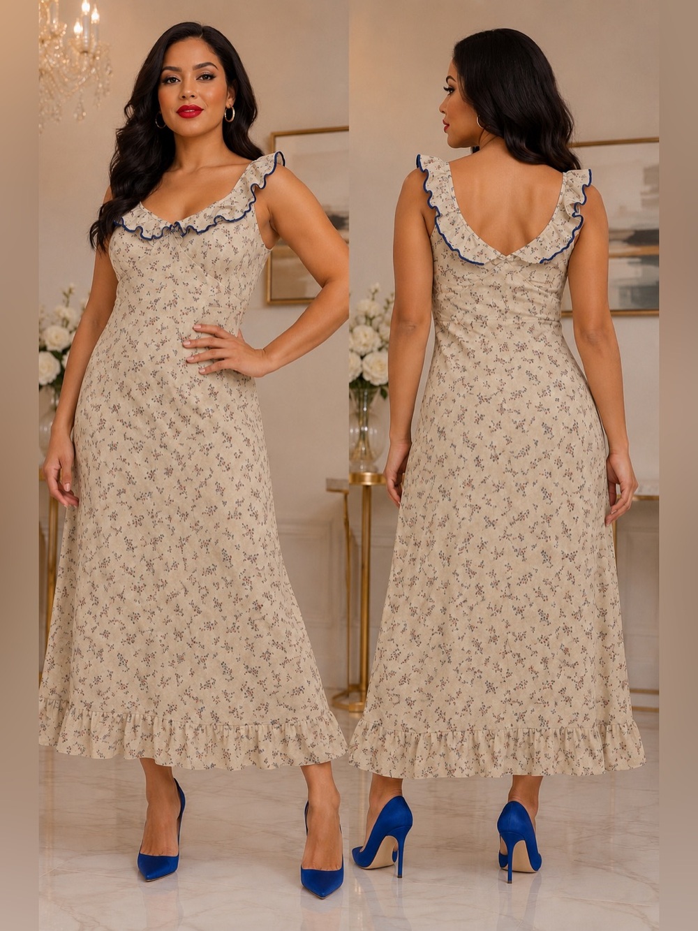 Caroline Constas Floral Ruffle Midi Dress